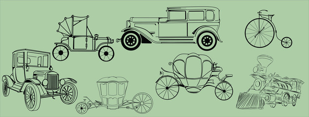 set of vintage cars, steampunk bicycle