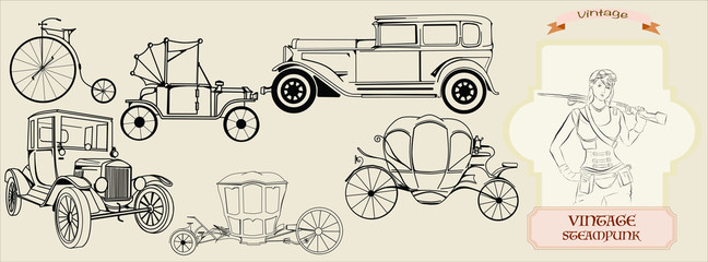 set of vintage cars, steampunk bicycle, frame