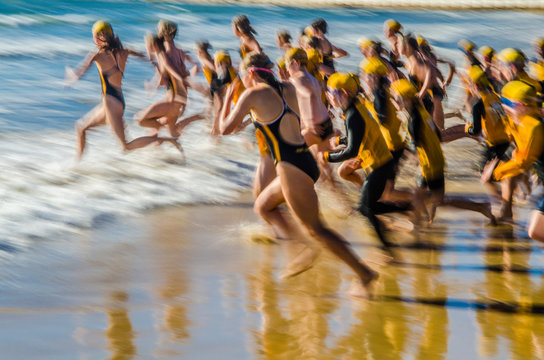 Nippers competitors in surf swimming race, Australia