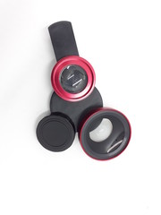 Luxury Red Metallic Selfie Lens with Macro Fish Eye Technology for Phone Camera Accessories in White Isolated Background