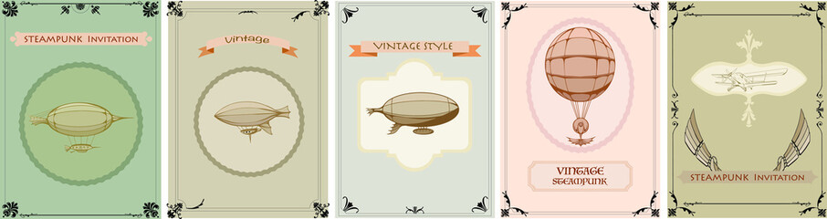 Steampunk frame vintage airship, girl banner