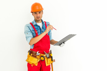 Construction Worker Contractor Carpenter with Clipboard on White