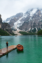 Breathtaking view of Braies lake in Dolomites, Italy. A turquoise lake with background of mountains of alps.