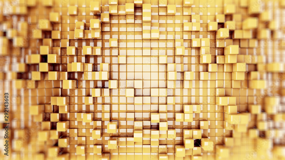 Fototapete wall of gold cubes moving in a random pattern. .3d rendering