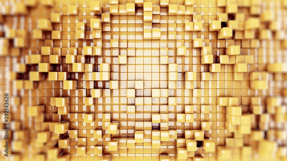 Aufkleber wall of gold cubes moving in a random pattern. .3d rendering
