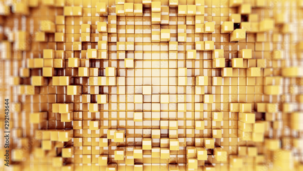 Fototapete wall of gold cubes moving in a random pattern. .3d rendering