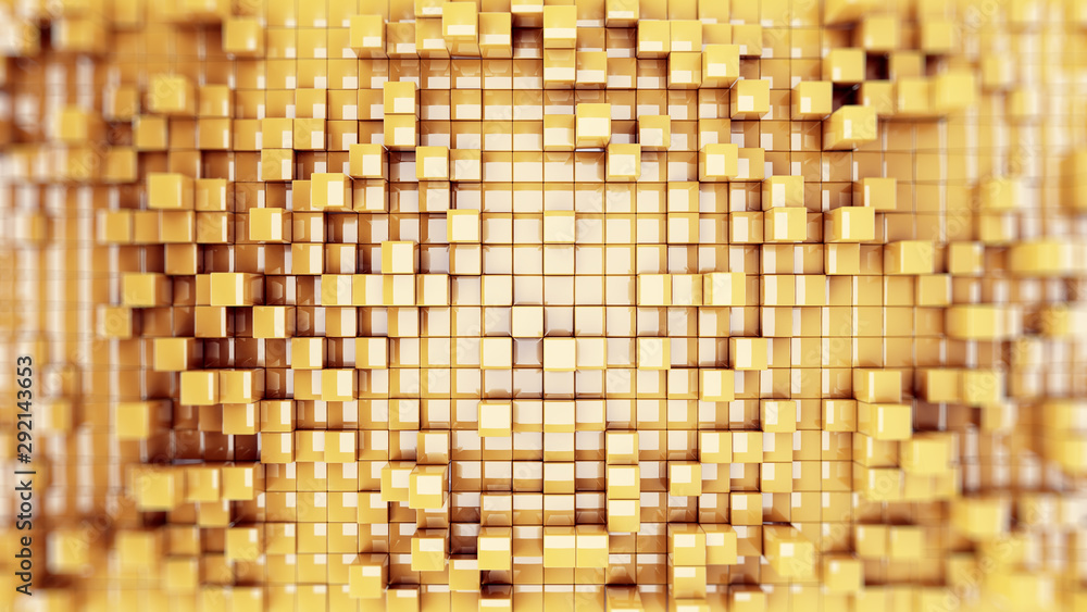 Fototapete wall of gold cubes moving in a random pattern. .3d rendering