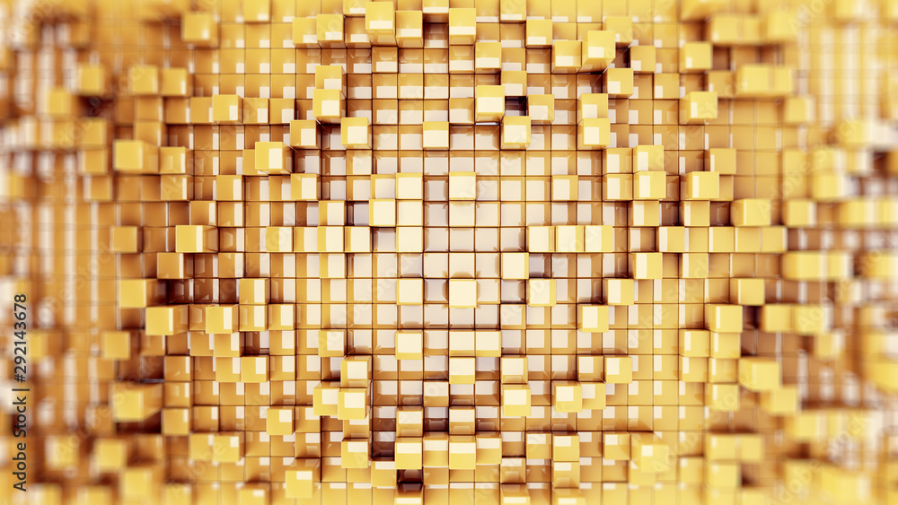 Aufkleber wall of gold cubes moving in a random pattern. .3d rendering