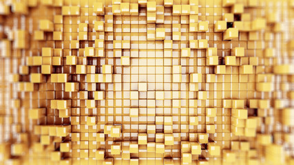 Wall of gold cubes moving in a random pattern. .3d rendering