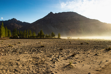 Stunning light and beautiful mist on sunrise background at Nubra valley, Leh Ladakh, India.  Scence of light with lens flare. © kannapon