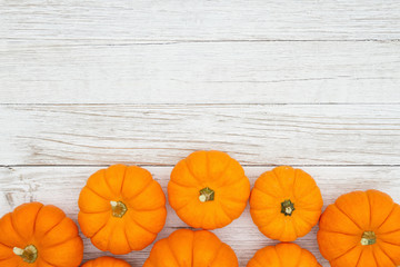 Orange pumpkins on weathered whitewash wood textured background