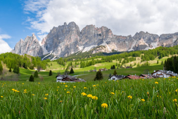 Fototapeta na wymiar Beautiful view of Cortina d'ampezzo with background of rocky mountain during summer in Dolomites, South tyrol, Italy. Famous sport for hiking and out door adventure.