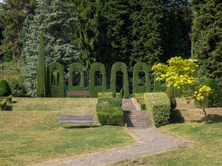 solarium bordered by cypresses skilfully pruned to obtain green arches. ornamental trees in a park