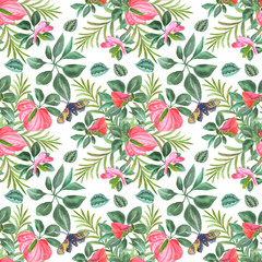 bright floral pattern of tropical plants and butterfly for decoration and design