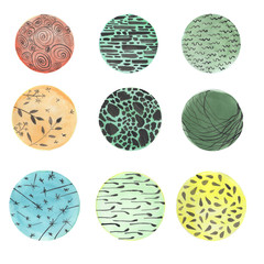 watercolor balls with black pattern on different backgrounds for design in different areas