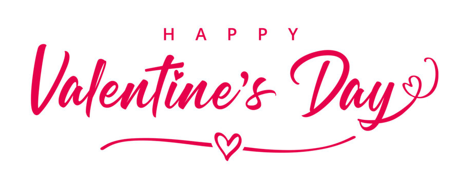 Valentines Day elegant hand text banner. Valentine greeting card template with calligraphy happy valentine`s day and pink heart in line on white background. Vector illustration - Powered by Adobe