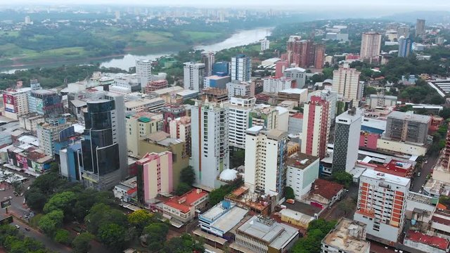 Skyscrapers, Buildings, Parana River (Ciudad del Este, Paraguay) aerial view