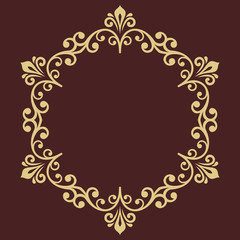 Oriental round frame with arabesques and floral elements. Floral round golden border with vintage pattern. Greeting card with place for text
