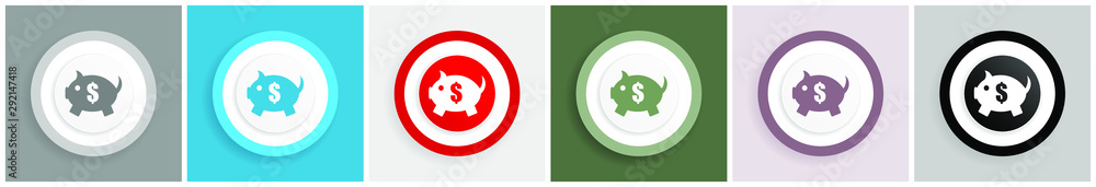 Poster piggy bank icon set, colorful flat design vector illustrations in 6 options for web design and mobil