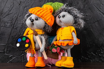 Two Funny Knitted Toy Hedgehogs.  Amigurumi toy. Crochet stuffed animals.
