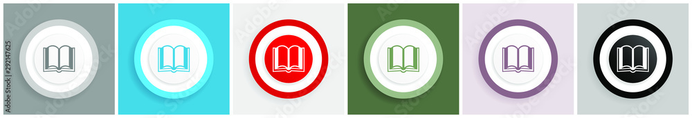 Poster Book icon set, colorful flat design vector illustrations in 6 options for web design and mobile applications