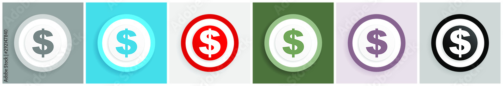 Aufkleber Dollar icon set, colorful flat design vector illustrations in 6 options for web design and mobile applications