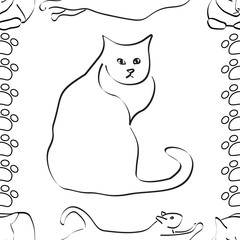 Vector Black and White Cats on White Background Seamless Repeat Pattern