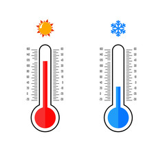 Flat design of celsius and fahrenheit meteorology thermometers isolated on white background. Measuring hot and cold temperature. Snowflake, sun icons. Vector illustration.