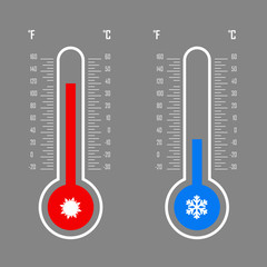 Flat design of celsius and fahrenheit meteorology thermometers isolated on grey background. Measuring hot and cold temperature. Snowflake, sun icons. Vector illustration.
