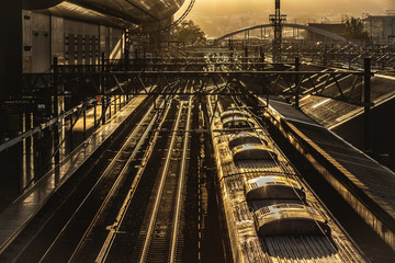陽光に照らされた電車とJR京都駅の鉄道風景