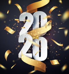 2020 Happy New Year vector background with golden gift ribbon, confetti, white numbers. Christmas celebrate design. Festive premium concept template for holiday
