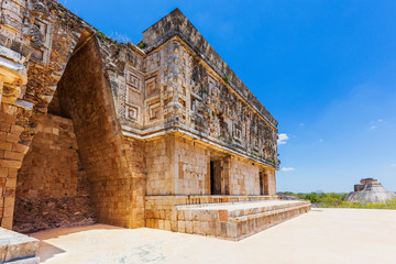 Uxmal, Mexico. Governors Palace, details in the ancient Mayan city.