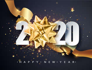2020 Happy new year. Happy New Year 2020 - New Year Shining background with golden gift bow and glitter. Happy New Year Banner for greeting card, calendar