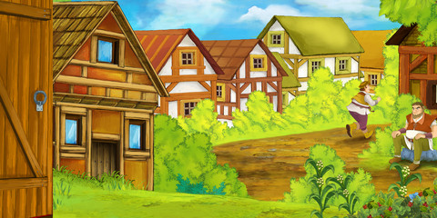 cartoon summer scene with path to the farm village with farmers - illustration for children