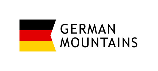 Logotype template for tours to German Alpine Mountains, Vector lovable intelligible illustration with national flag of Germany isolated on white. Design for the skiing, hiking, climbing in Alps.