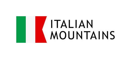 Logotype template for tours to Italian Alpine Mountains, Vector lovable intelligible illustration with national flag of Italy isolated on white. Design for the skiing, hiking, climbing in Alps.