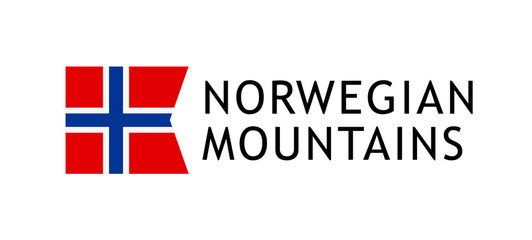Logotype template for tours to Norwegian Mountains, Vector lovable intelligible illustration with national flag of Norway isolated on white background. Design for the skiing, hiking, climbing.