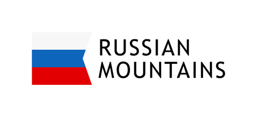 Logotype template for tours to Russian Caucasian Mountains, Vector lovable intelligible illustration with national flag of Russia isolated on white. Design for the skiing, hiking, climbing.