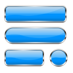 Blue glass buttons. Set of 3d shiny icons with chrome frame