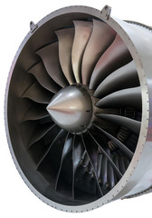 Close-up of a large jet engine turbine blades