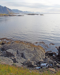 fallen car at shore on Lofoten islands