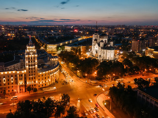 Fototapeta na wymiar Night summer Voronezh cityscape. Annunciation Cathedral and Tower of management of south-east railway