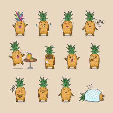 Set of cute pineapple character showing various emotions and actions. Vector funny stickers for online communication, social media, mobile message, chat