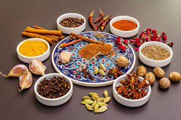 Ingredients for preparation oriental spice Ras el Hanout