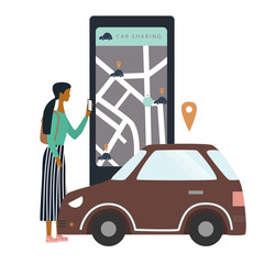 Woman with smartphone take a car by online city car sharing service. Mobile transportation concept for banner, background, web, mobile application, poster. Flat colorful vector illustration.