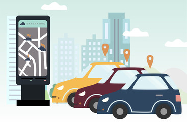 Three  cars for rent on parking area. Smartphone with map and geo tags. City landscape. Carsharing concept for banner, background, web, mobile application, poster. Flat colorful vector illustration