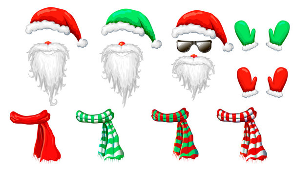 vector Santas hats, beards and mustaches mask collection isolated on white. xmas holiday funny costume of Santa Claus in sunglasses for decorations. Christmas photo booth and props for creative design