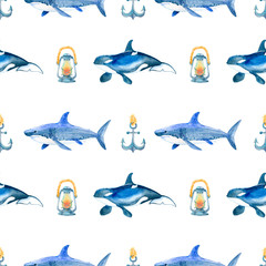 Shark, orca watercolor hand painted seamless pattern.