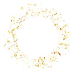 Holiday realistic gold confetti flying on black background.