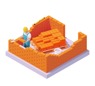 Vector Isometric Bricklayer Building Brick Wall